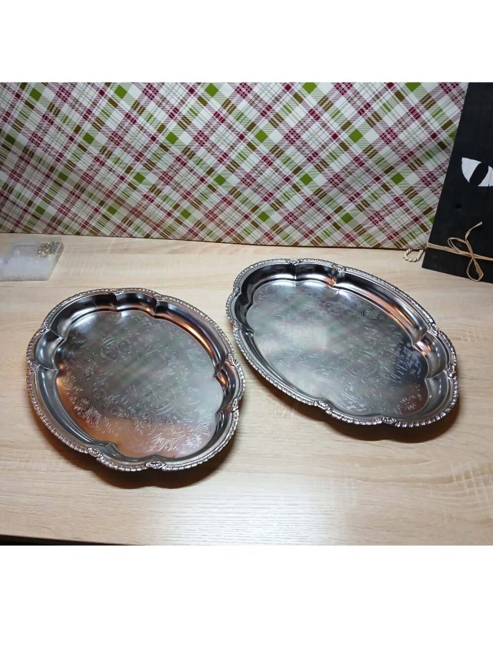 Two 1970s/80s Silver Plated Metal Etched FLORAL DESIGNS SERVING PLATES INTERPUR